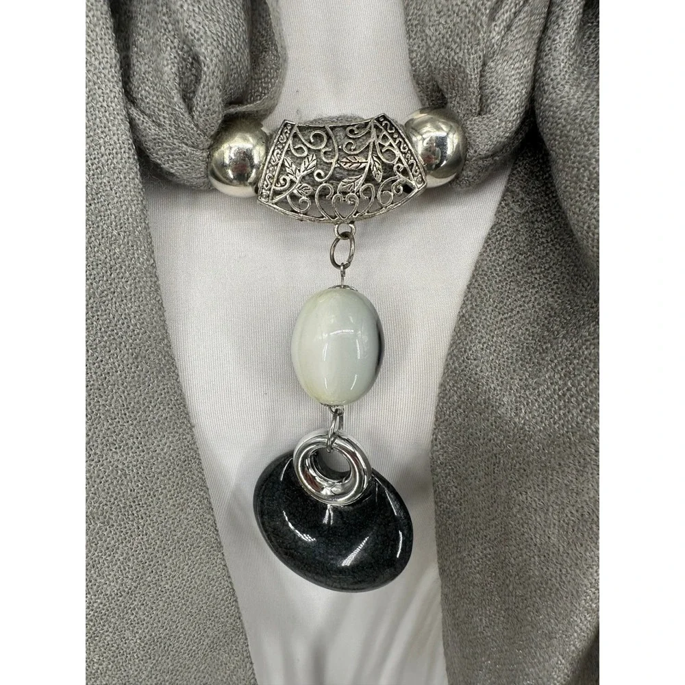 Pashimina Scarf Women OS Gray Beaded Pendant Fringe Shawl Wrap Boho Chic 29x68